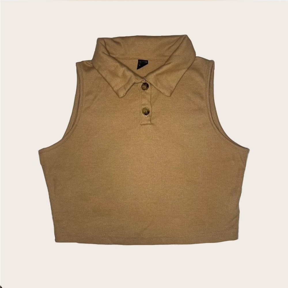 SHEIN Collared Button Up Ribbed Tank Top in Beige
